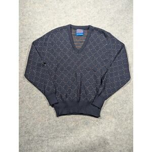 Vtg Pendleton 100% Wool Navy Patterned V Neck Sweater M Country Traditionals